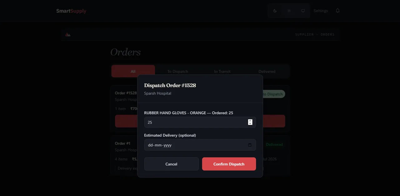 The supplier dispatch dialog for order 1528 to Sparsh Hospital, showing RUBBER HAND GLOVES - ORANGE ordered 25, a dispatch quantity field and a Confirm Dispatch button.