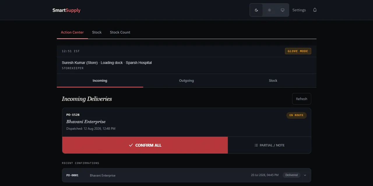 The storekeeper incoming deliveries screen: PO-1528 from Bhavani Enterprise marked EN ROUTE, with a full-width CONFIRM ALL button and a PARTIAL / NOTE option beside it.